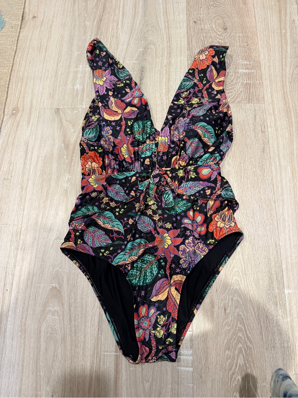 Floral Black One-Piece Swimsuit with Plunging V-Neck
